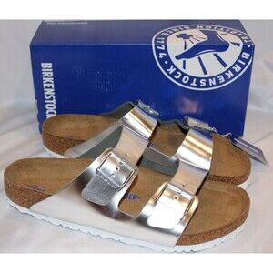Birkenstock Women's Arizona Buckle Narrow Fit Birko Flor Sandals SILVER